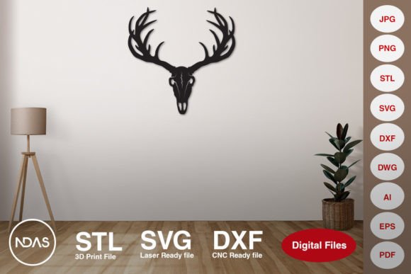Deer Head Skull with Horn Wall Decor: Artistic Design Asset
